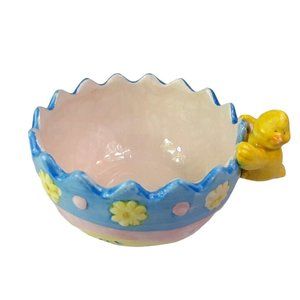 VTG. Baby Chick Holding Easter Egg Bowl Figurine Floral Easter Candy Dis…